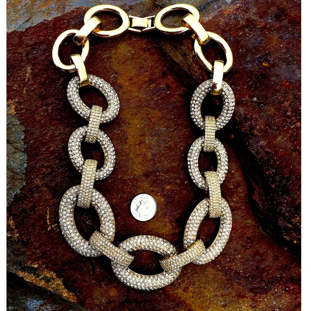 Swarovski Gold Pave Statement Necklace Chunky Chain Link Gold Tone Amazing